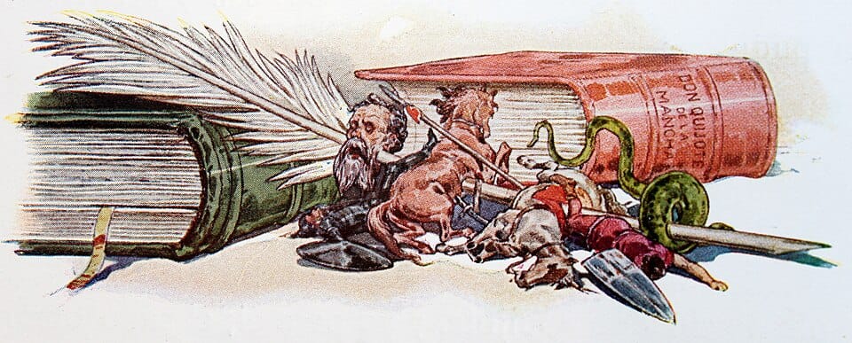 Piirroskuva Don Quijote -kirjasta ja sen hahmoista kirjojen edessä