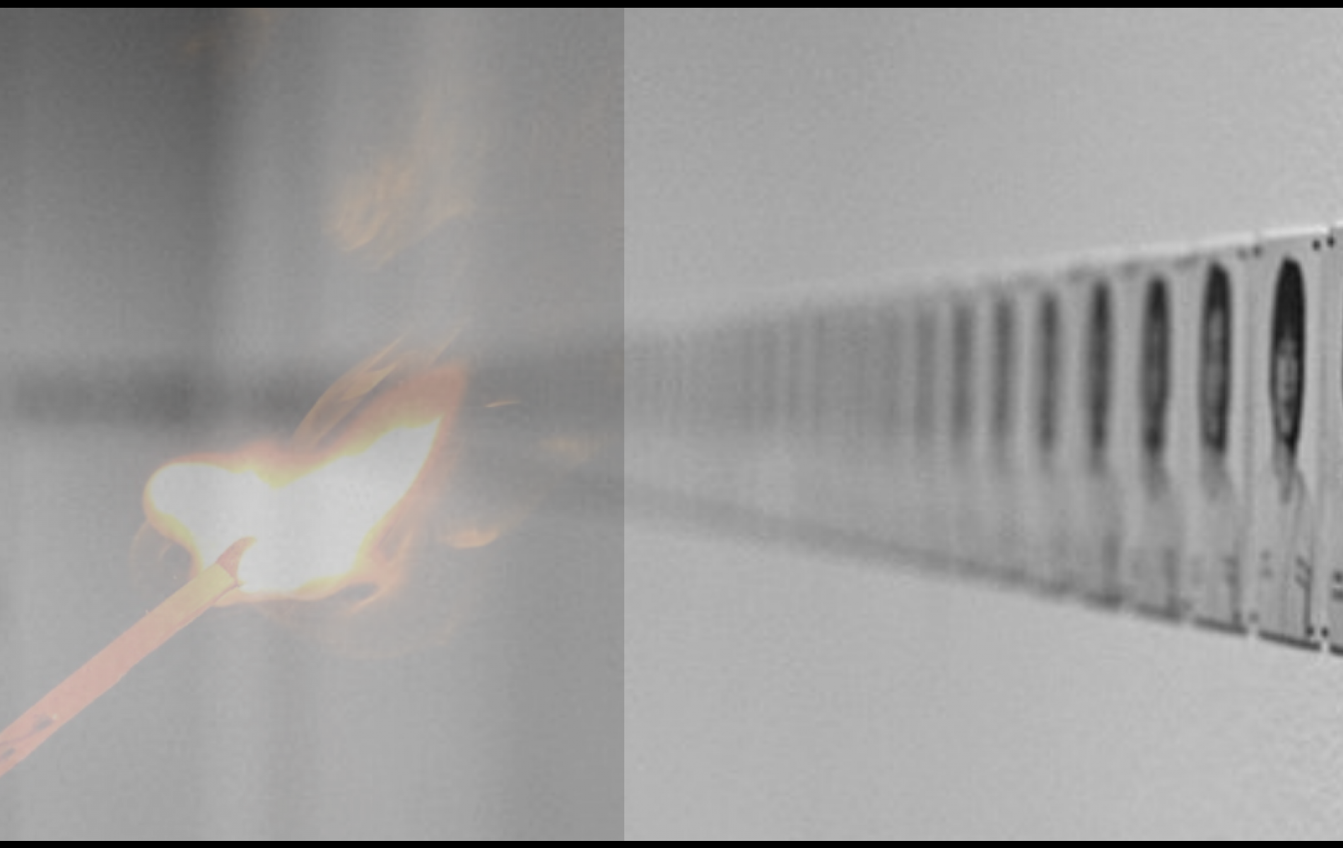 Tulitikun ja taidenäyttelykuvan päällekkäinen asettelu