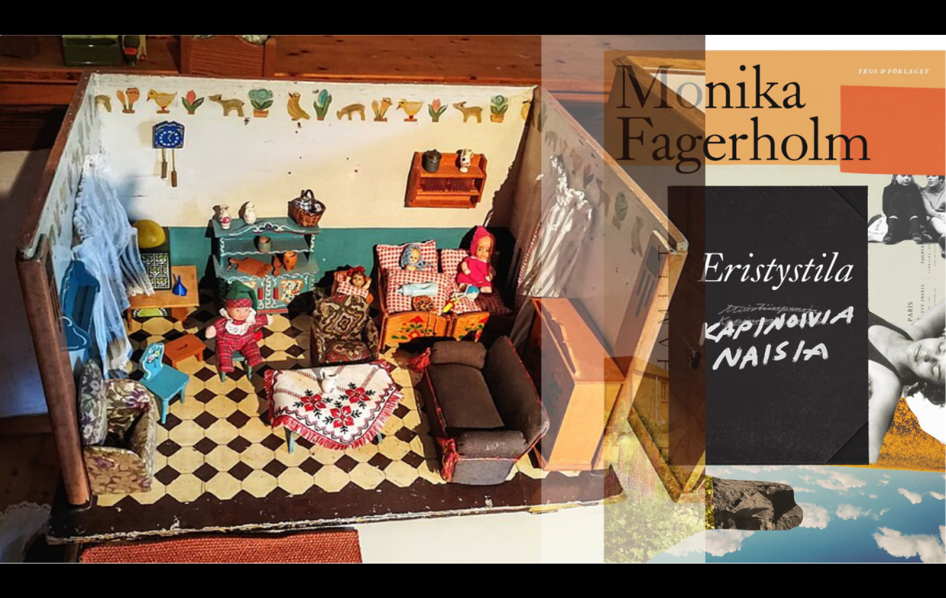 Nukketalon ja teoksen kansikuvan kollaasi