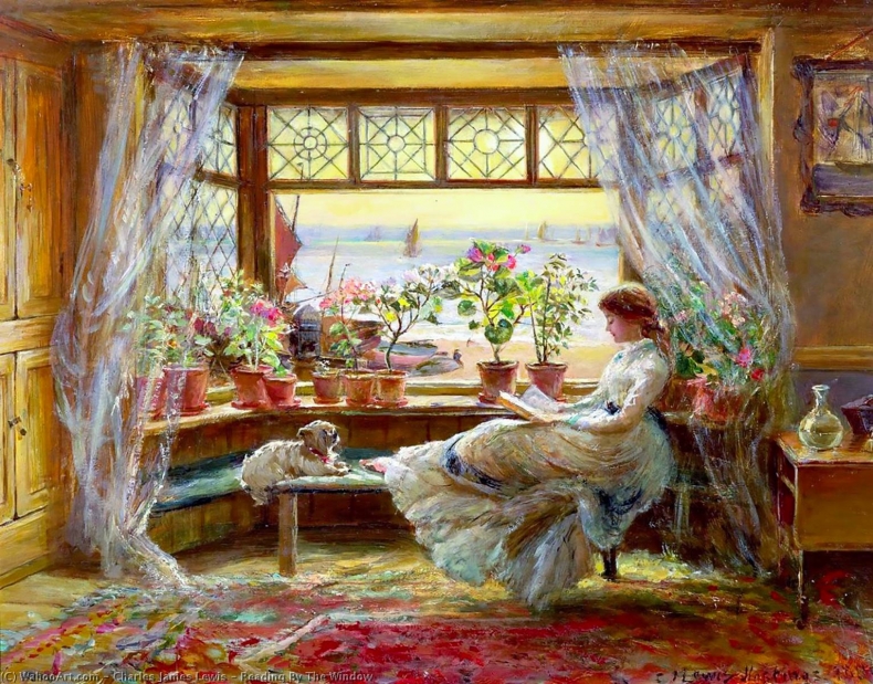 reading by the window, maalaus