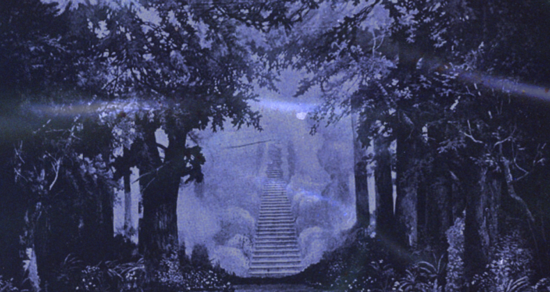 Violetinhehkuinen piirros portaista metsän keskellä