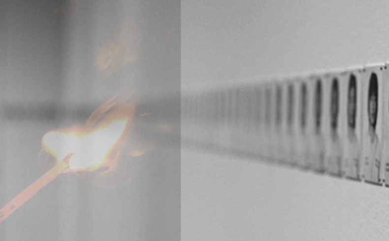 Tulitikun ja taidenäyttelykuvan päällekkäinen asettelu