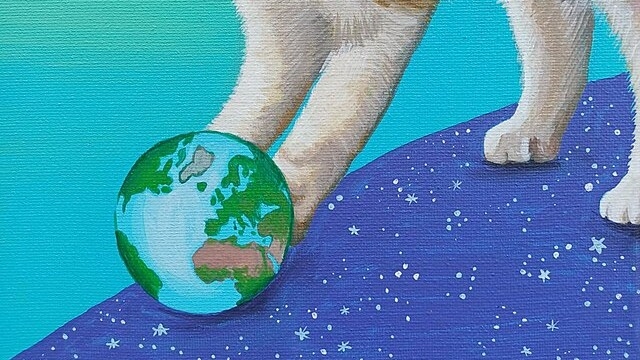 maalaus kissan jaloista leikkimässä maapallolla